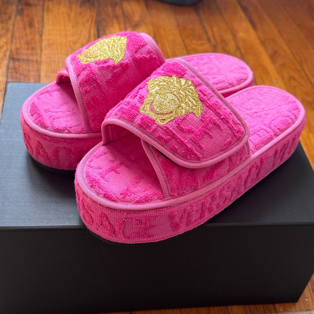 Versace Hot Pink Platform Slide Sandals with Gold Medallion